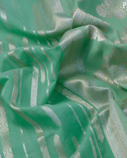 Banarasi cotton saree pastel green with allover silver & gold zari woven butta weaves and floral embroidery border