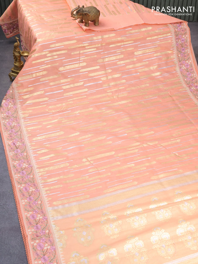 Banarasi cotton saree peach orange with allover silver & gold zari woven butta weaves and floral embroidery border