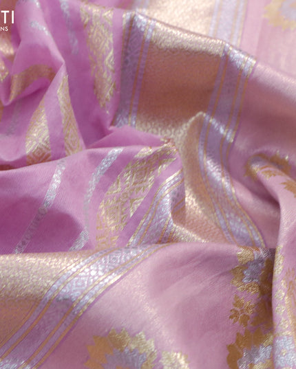 Banarasi cotton saree lavender with allover silver & gold zari woven butta weaves and floral embroidery border