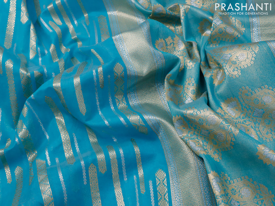 Banarasi cotton saree light blue with allover silver & gold zari woven butta weaves and floral embroidery border