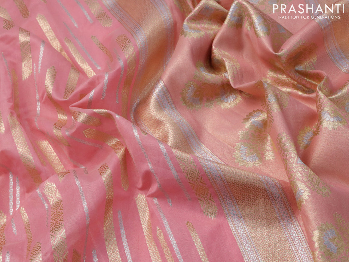 Banarasi cotton saree light pink with allover silver & gold zari woven butta weaves and floral embroidery border