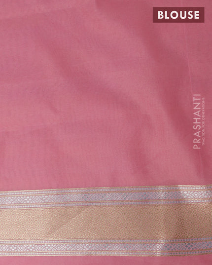 Banarasi cotton saree light pink with allover silver & gold zari woven butta weaves and floral embroidery border