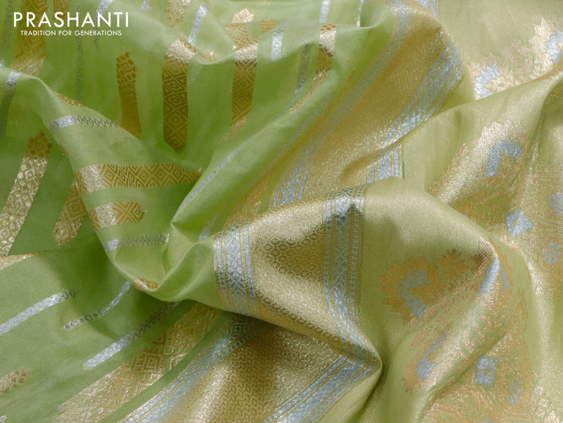 Banarasi cotton saree pista green with allover silver & gold zari woven butta weaves and floral embroidery border