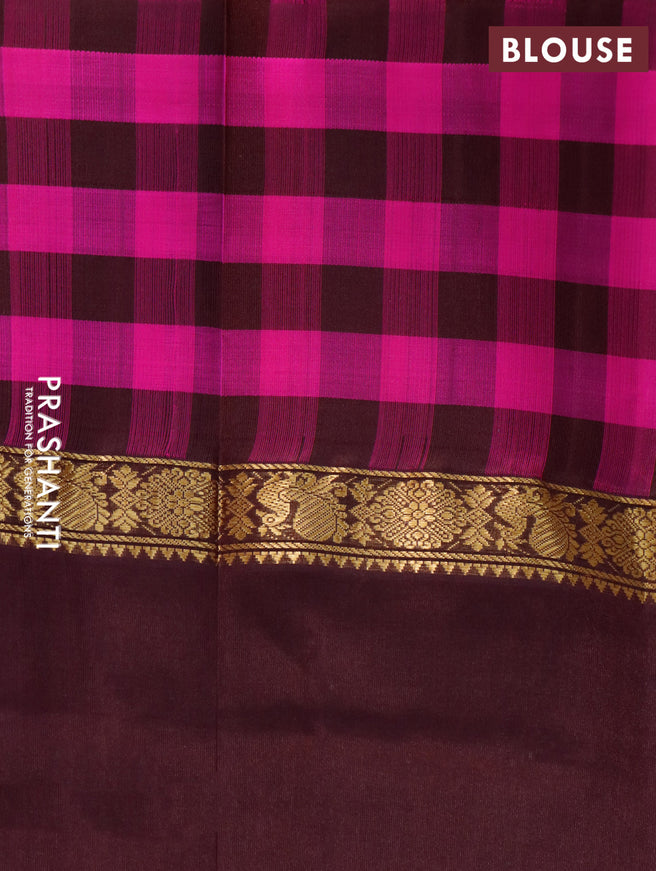 Kuppadam silk cotton saree baby pink and brown with annam & paisley zari woven buttas and long zari woven checked border