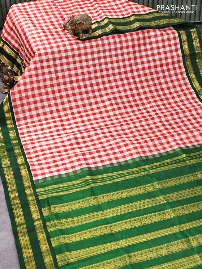 Silk cotton saree cream red and green with allover paalum pazhamum checks and rettapet zari woven korvai border