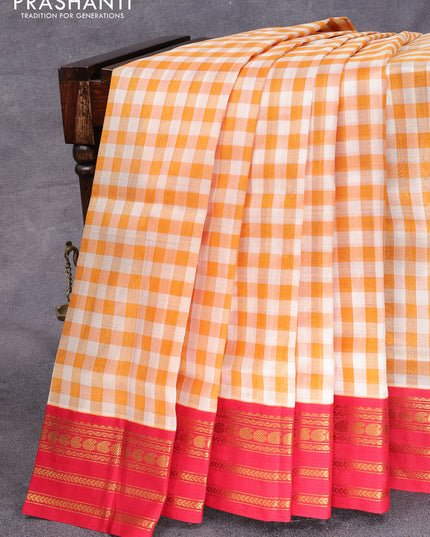 Silk cotton saree off white mustard yellow and red with allover paalum pazhamum checks and zari woven korvai border