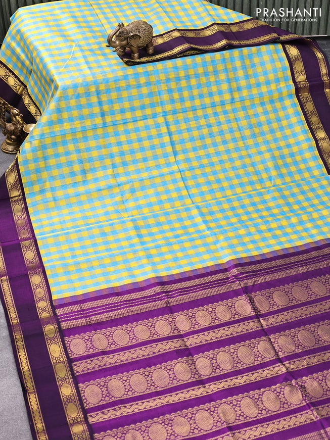 Silk cotton saree yellow blue and violet with allover paalum pazhamum checks and rettapet zari woven korvai border