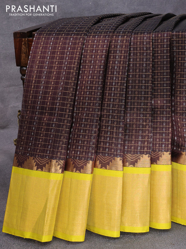 Kuppadam silk cotton saree coffee brown and yellow with allover zari checks & buttas and temple design zari woven border
