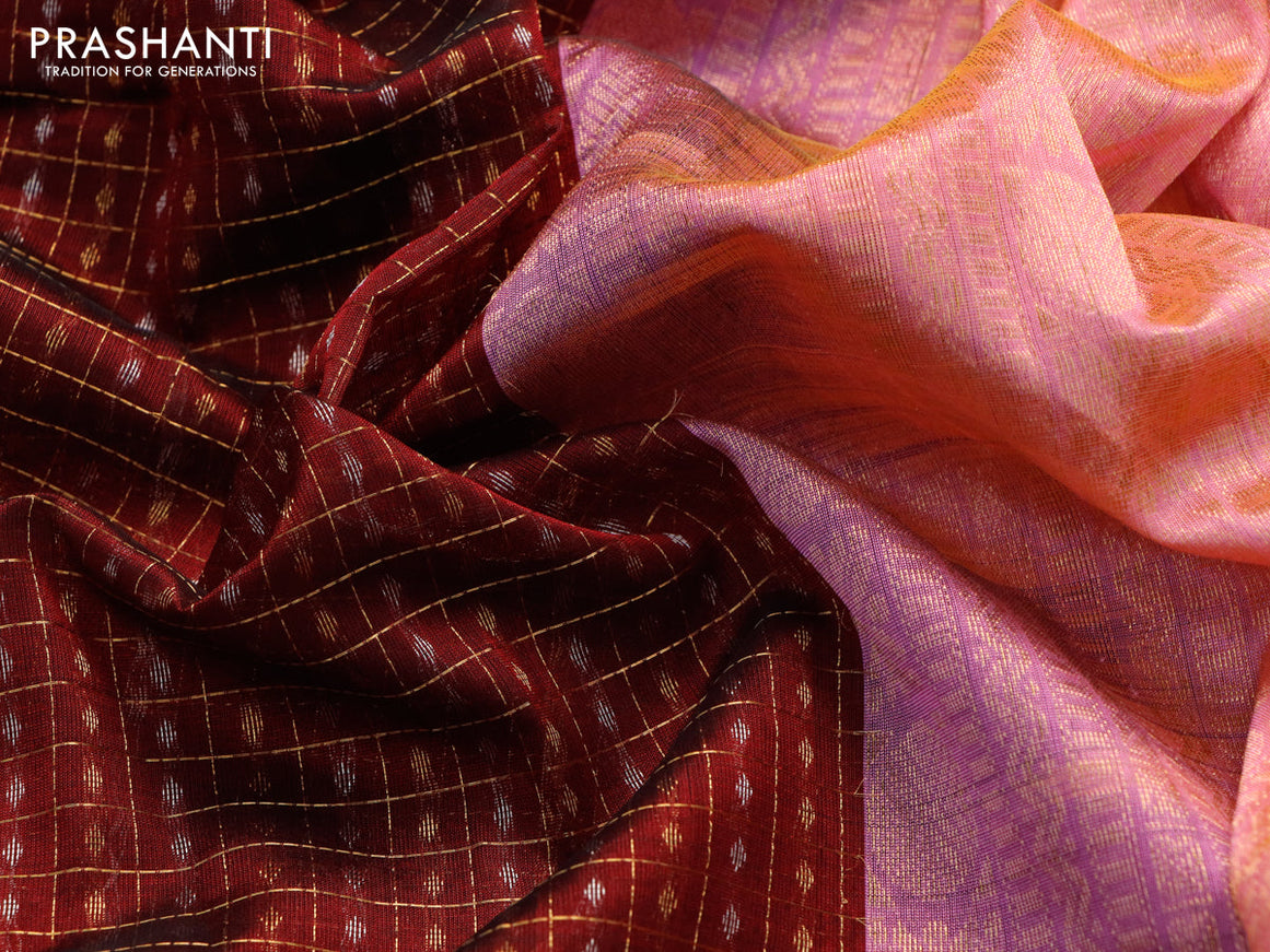 Kuppadam silk cotton saree maroon and dual shade of light pink with allover zari checks & buttas and temple design zari woven border