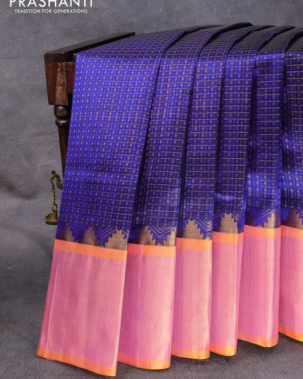 Kuppadam silk cotton saree blue and dual shade of light pink with allover zari checks & buttas and temple design zari woven border