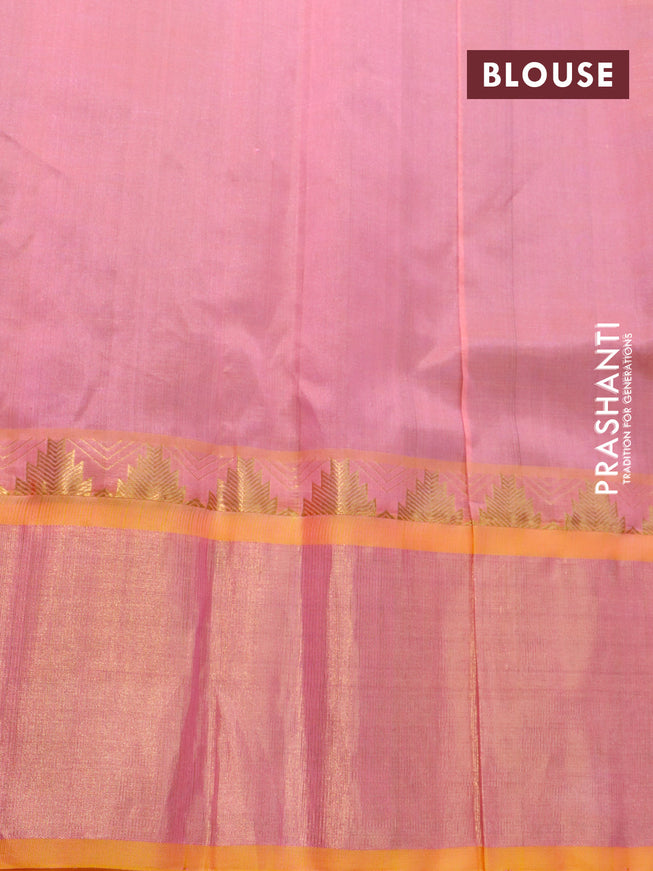 Kuppadam silk cotton saree blue and dual shade of light pink with allover zari checks & buttas and temple design zari woven border