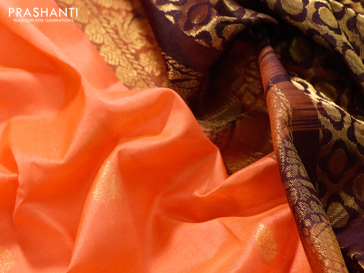 Kuppadam silk cotton saree peach orange and wine shade with zari woven buttas and temple design zari woven border