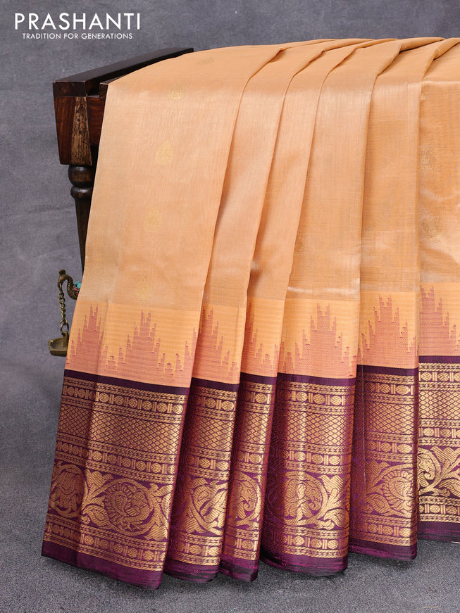 Kuppadam silk cotton saree sandal and wine shade with zari woven buttas and temple design zari woven border