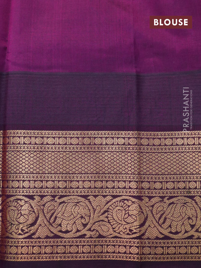Kuppadam silk cotton saree sandal and wine shade with zari woven buttas and temple design zari woven border