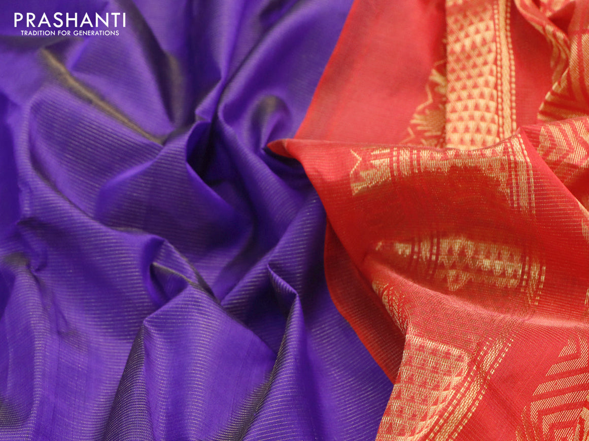 Silk cotton saree blue and red with allover vairosi pattern and zari woven korvai border
