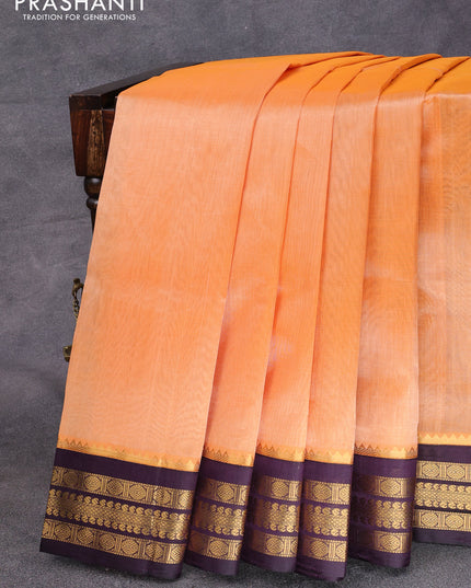 Kuppadam silk cotton saree pale orange and wine shade with plain body and rich zari woven border