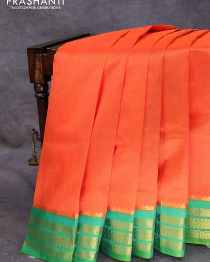 Kuppadam silk cotton saree orange and green with plain body and rudhraksha zari woven border