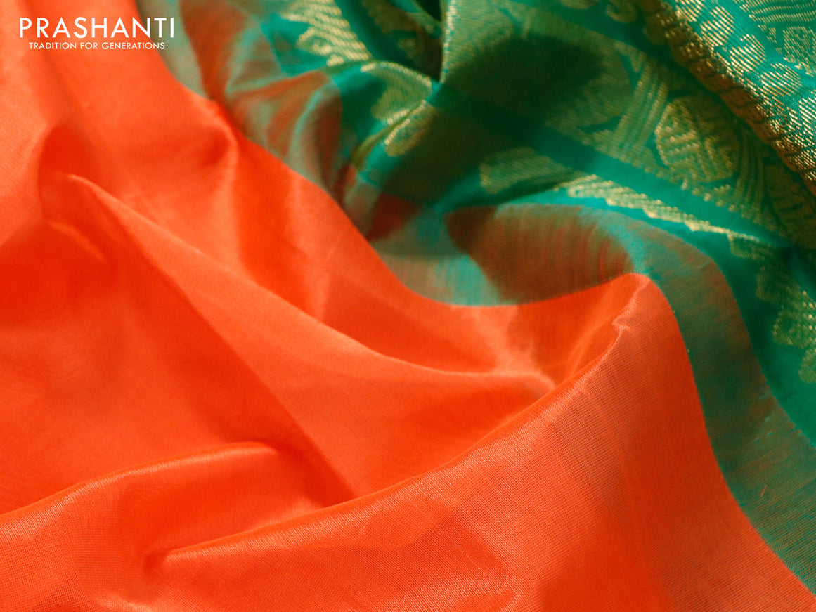 Kuppadam silk cotton saree orange and green with plain body and rudhraksha zari woven border