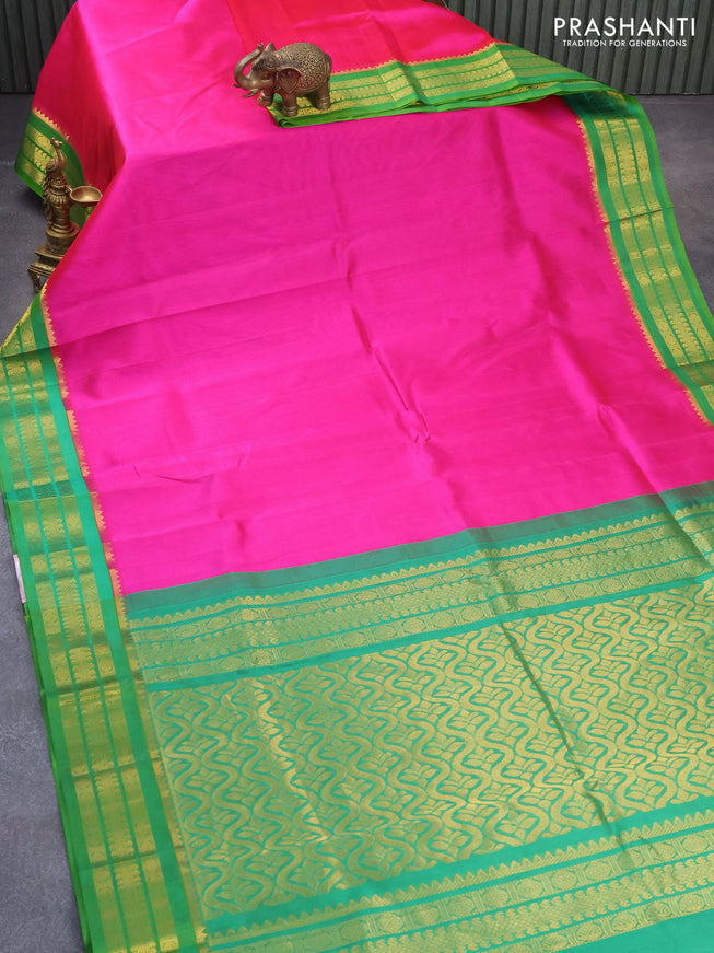 Kuppadam silk cotton saree pink and green with plain body and rudhraksha zari woven border