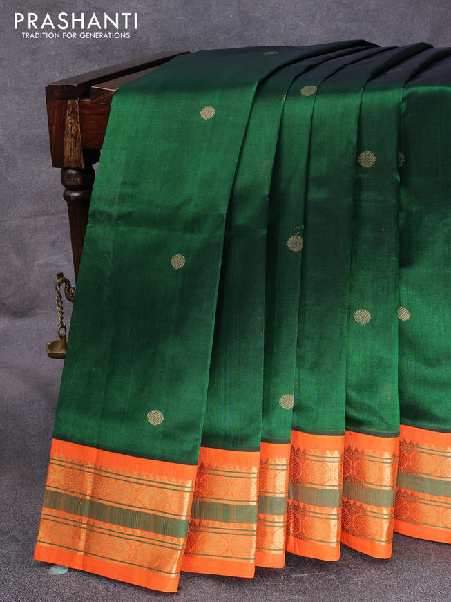 Silk cotton saree green and orange with rudhraksha zari woven buttas and rettapet zari woven korvai border
