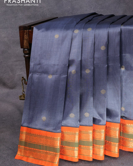 Silk cotton saree grey and orange with rudhraksha zari woven buttas and rettapet zari woven korvai border