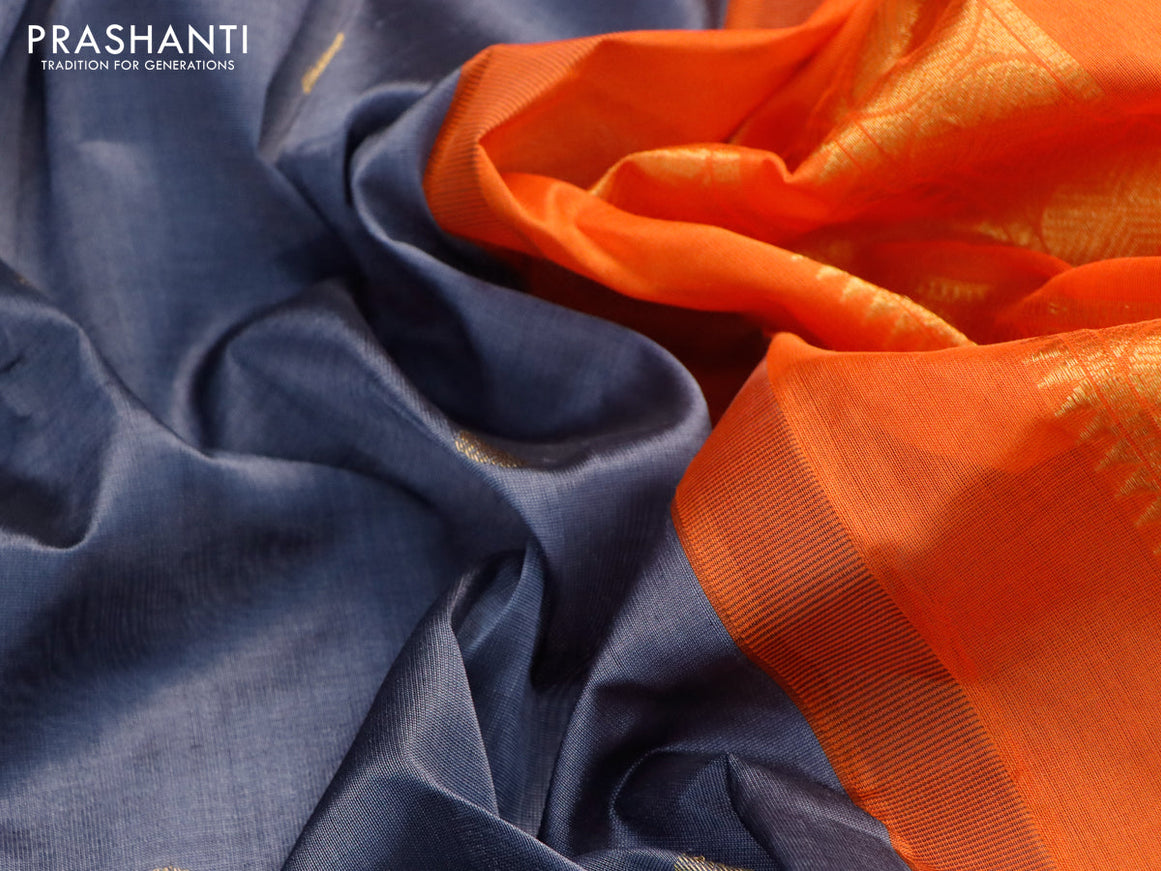 Silk cotton saree grey and orange with rudhraksha zari woven buttas and rettapet zari woven korvai border