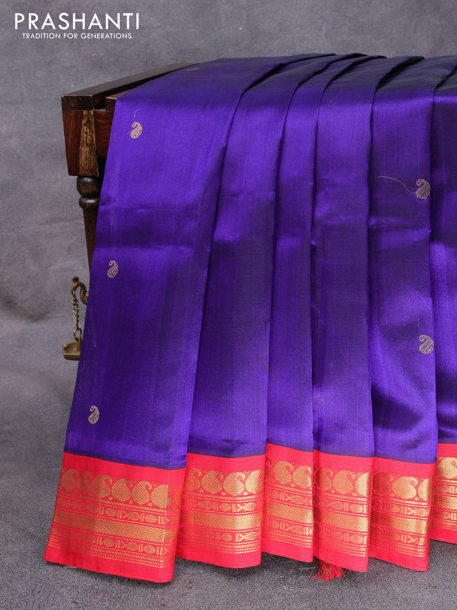 Silk cotton saree royal blue and red with paisley zari woven buttas and zari woven korvai border