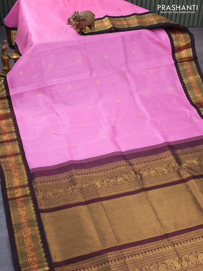 Silk cotton saree pink and coffee brown with zari woven buttas and zari woven korvai border