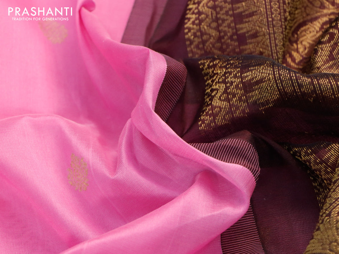 Silk cotton saree pink and coffee brown with zari woven buttas and zari woven korvai border