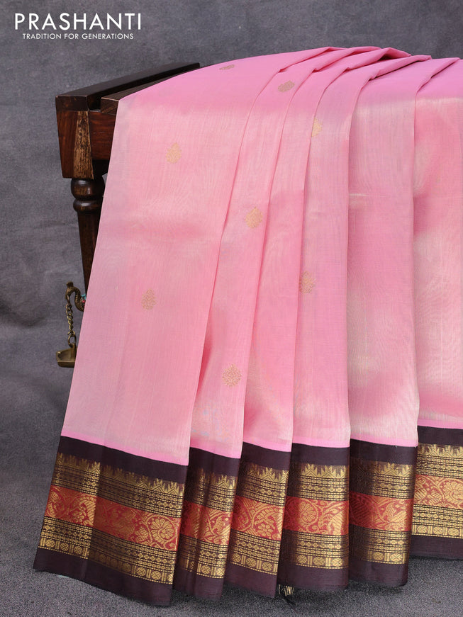 Silk cotton saree light pink and coffee brown with zari woven buttas and zari woven korvai border