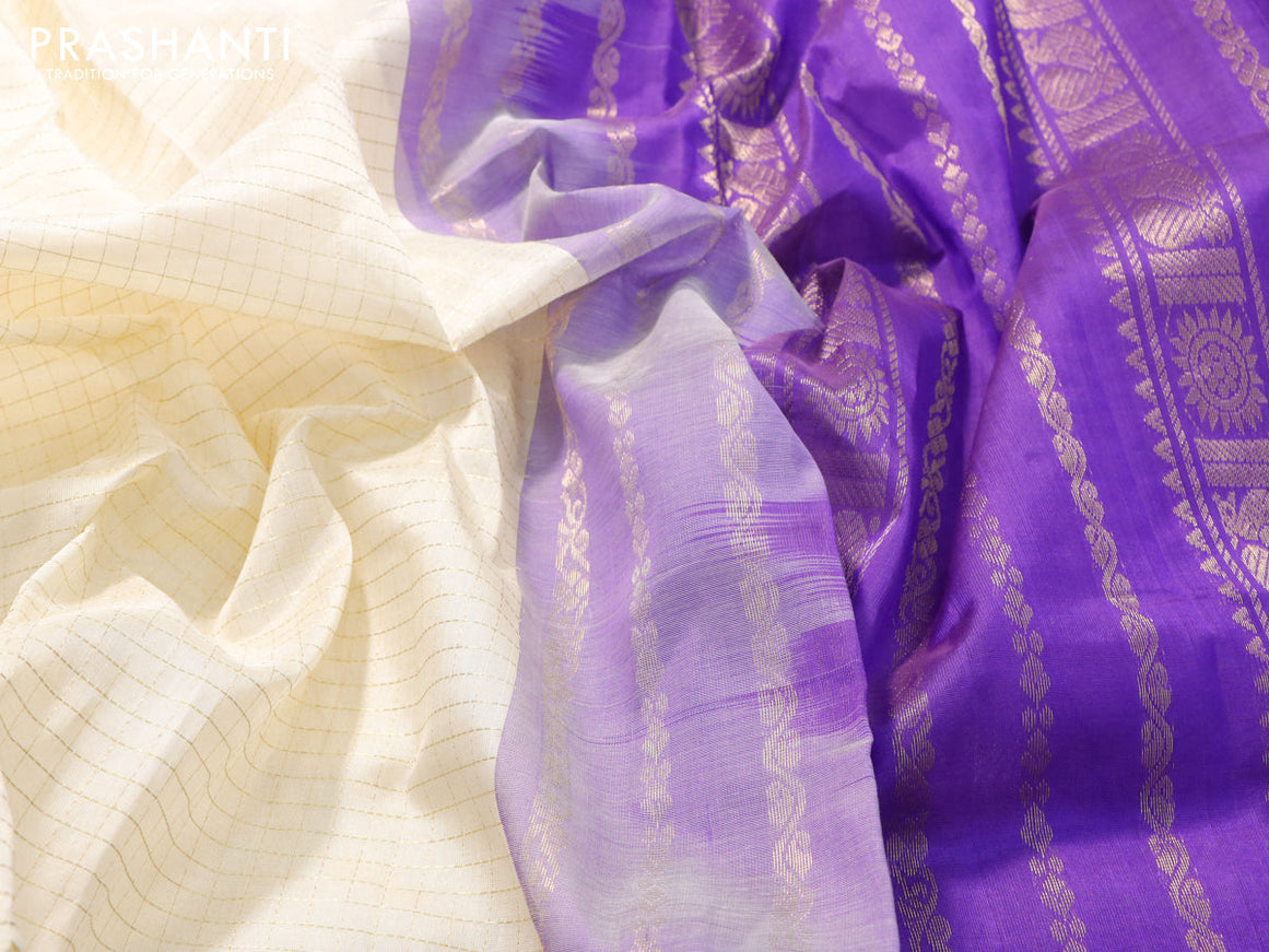 Kuppadam silk cotton saree cream and blue with allover zari checked pattern and rich zari woven border