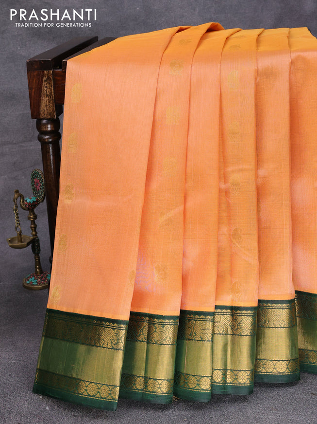 Kuppadam silk cotton saree pale orange and green with paisley & annam zari woven buttas and rich zari woven border
