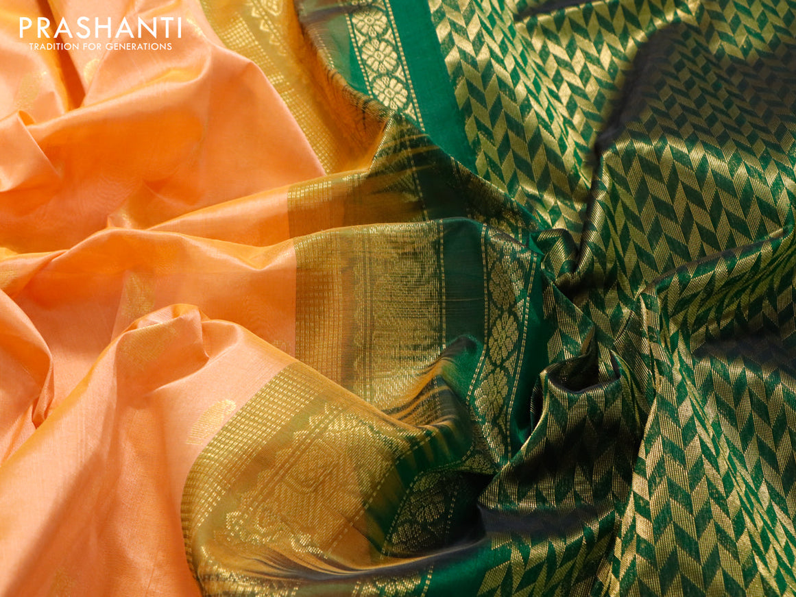 Kuppadam silk cotton saree pale orange and green with paisley & annam zari woven buttas and rich zari woven border