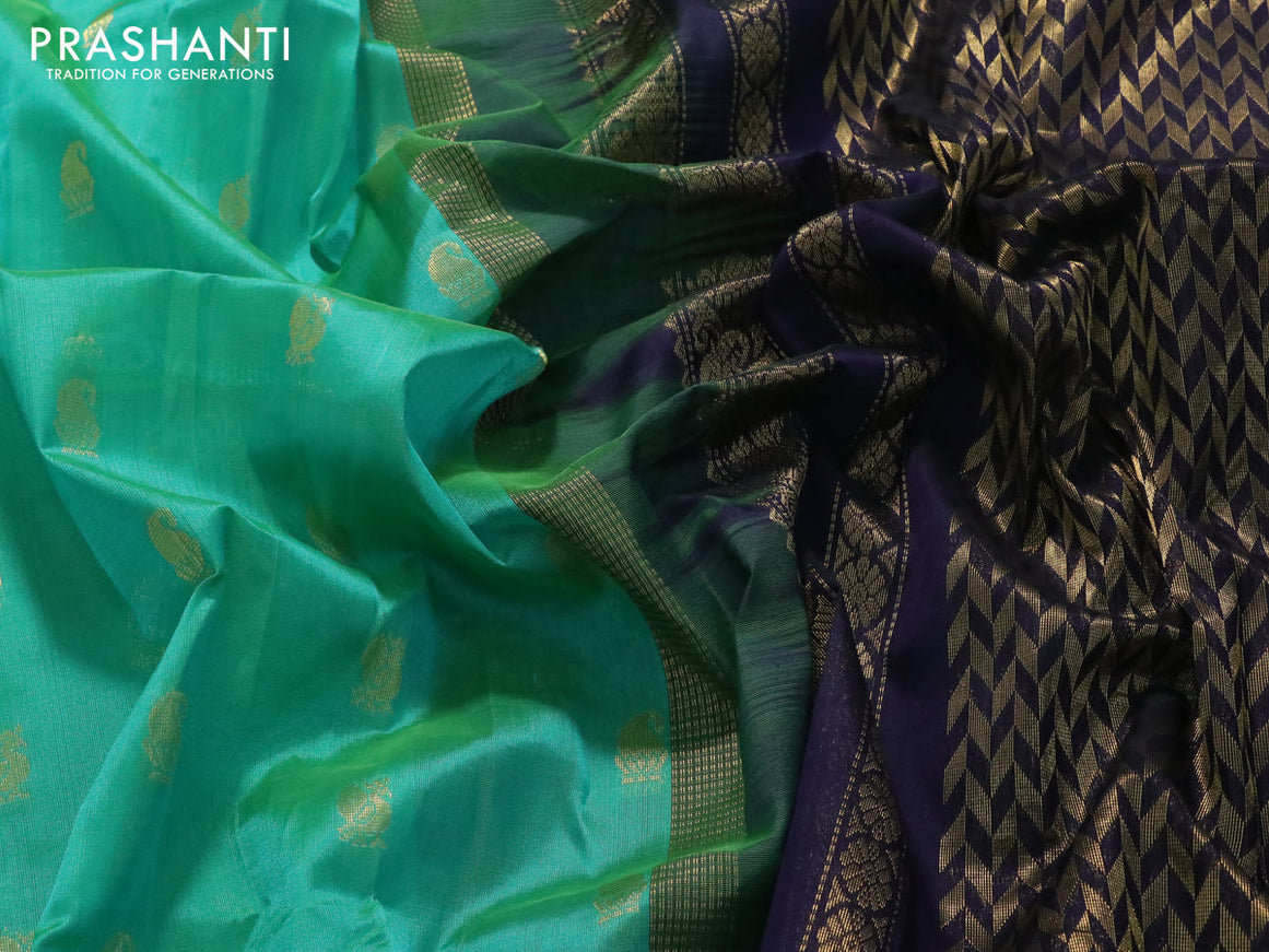 Kuppadam silk cotton saree teal green and navy blue with paisley & annam zari woven buttas and rich zari woven border