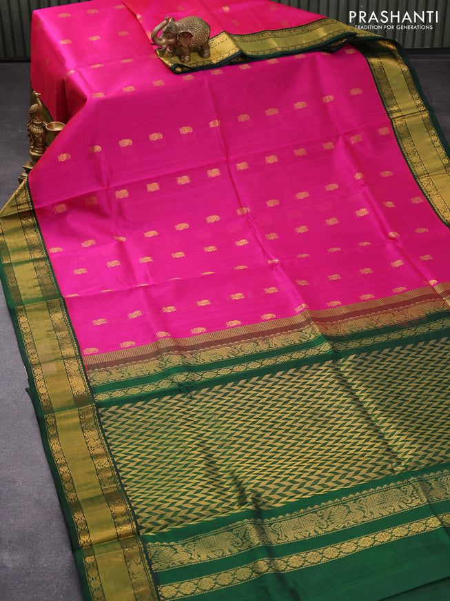 Kuppadam silk cotton saree magenta pink and green with paisley & annam zari woven buttas and rich zari woven border