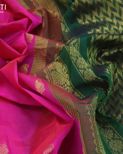 Kuppadam silk cotton saree magenta pink and green with paisley & annam zari woven buttas and rich zari woven border