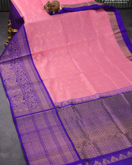 Kuppadam silk cotton saree light pink and blue with allover zari woven buttas and long rich zari woven annam border