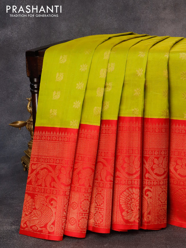 Kuppadam silk cotton saree lime green and red with allover zari woven buttas and long rich zari woven annam border