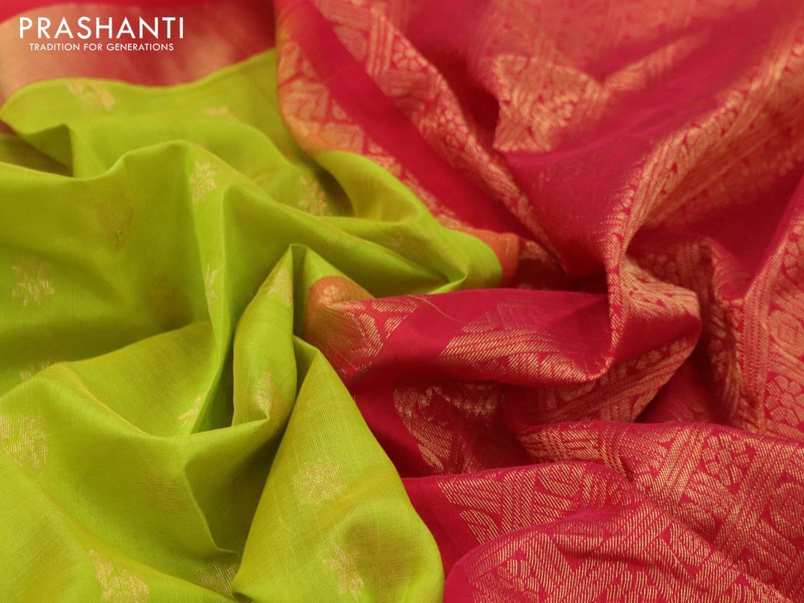 Kuppadam silk cotton saree lime green and red with allover zari woven buttas and long rich zari woven annam border