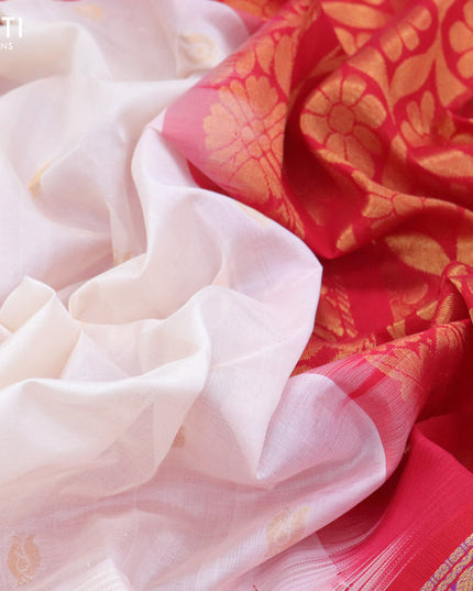Kuppadam silk cotton saree off white and red with annam zari woven buttas and temple design rettapet zari woven border