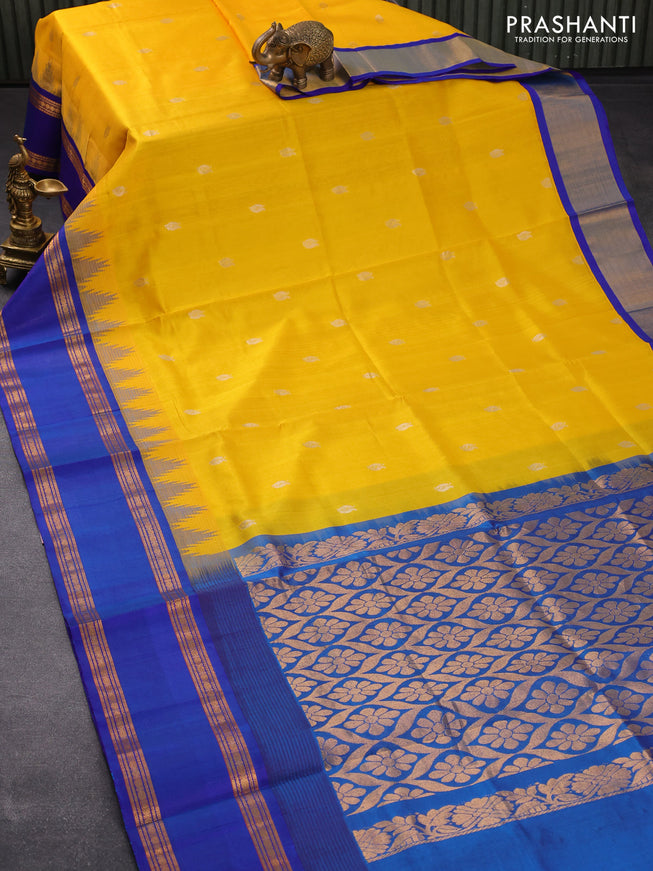 Kuppadam silk cotton saree yellow and cs blue with annam zari woven buttas and temple design rettapet zari woven border