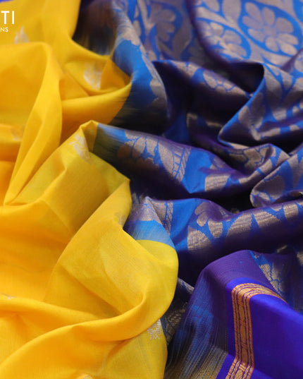 Kuppadam silk cotton saree yellow and cs blue with annam zari woven buttas and temple design rettapet zari woven border
