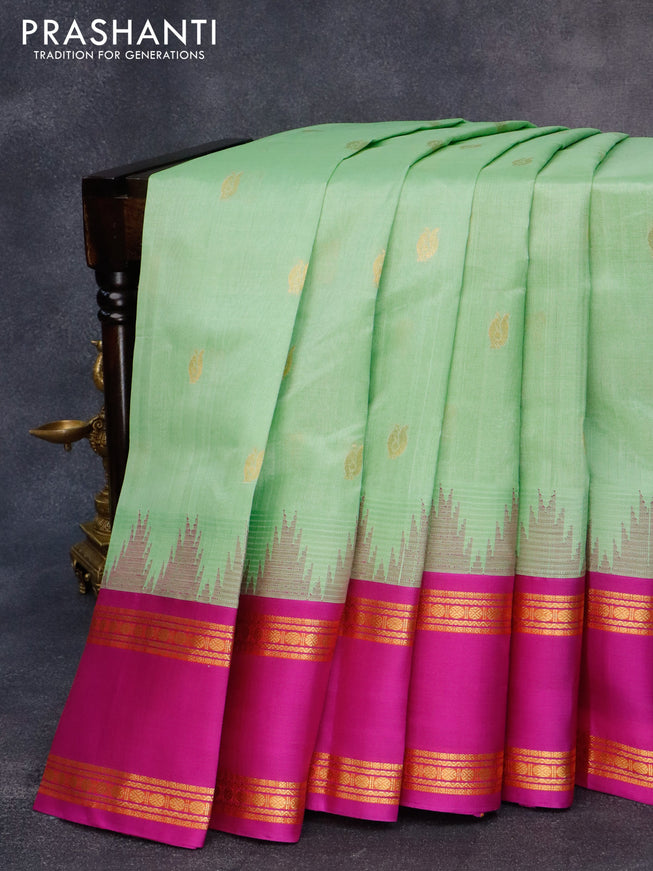 Kuppadam silk cotton saree pastel green and purple with annam zari woven buttas and temple design rettapet zari woven border