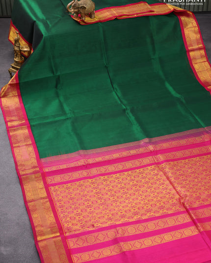Kuppadam silk cotton saree green and pink with plain body and zari woven border