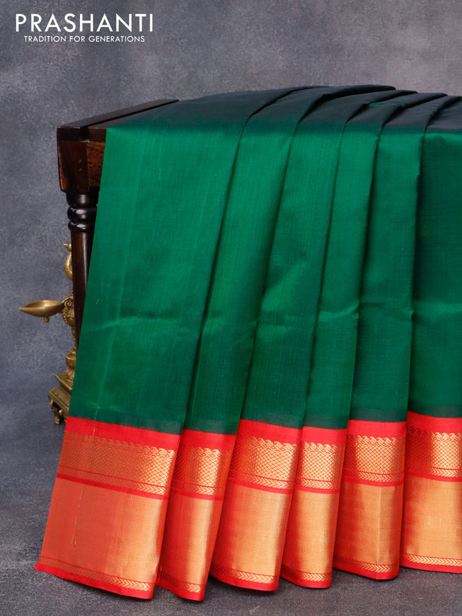 Kuppadam silk cotton saree green and maroon with plain body and zari woven border