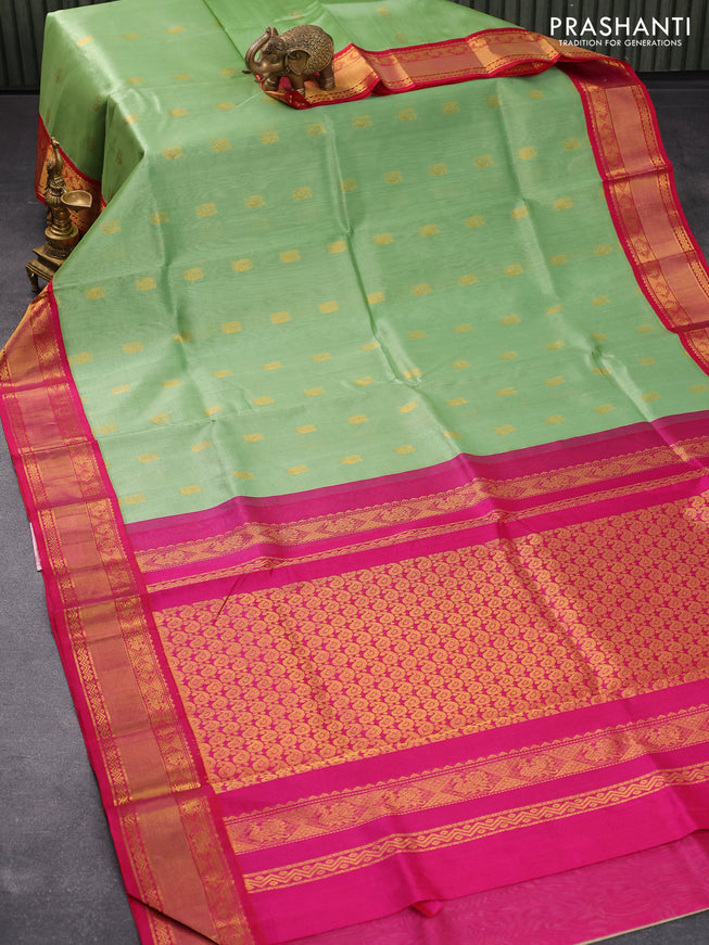 Kuppadam silk cotton saree pastel green and pink with annam zari woven buttas and rich zari woven border