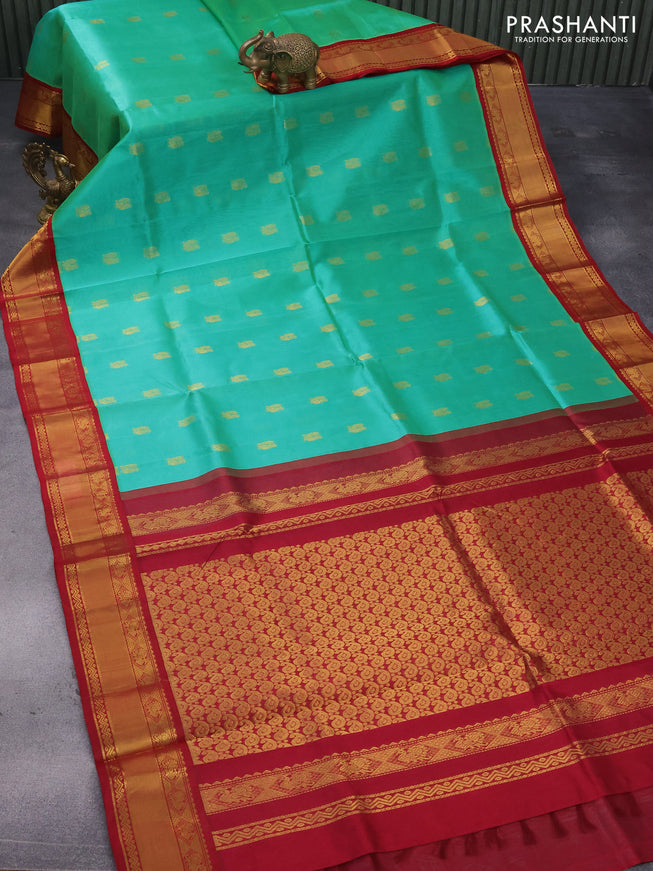 Kuppadam silk cotton saree teal green and maroon with annam zari woven buttas and rich zari woven border