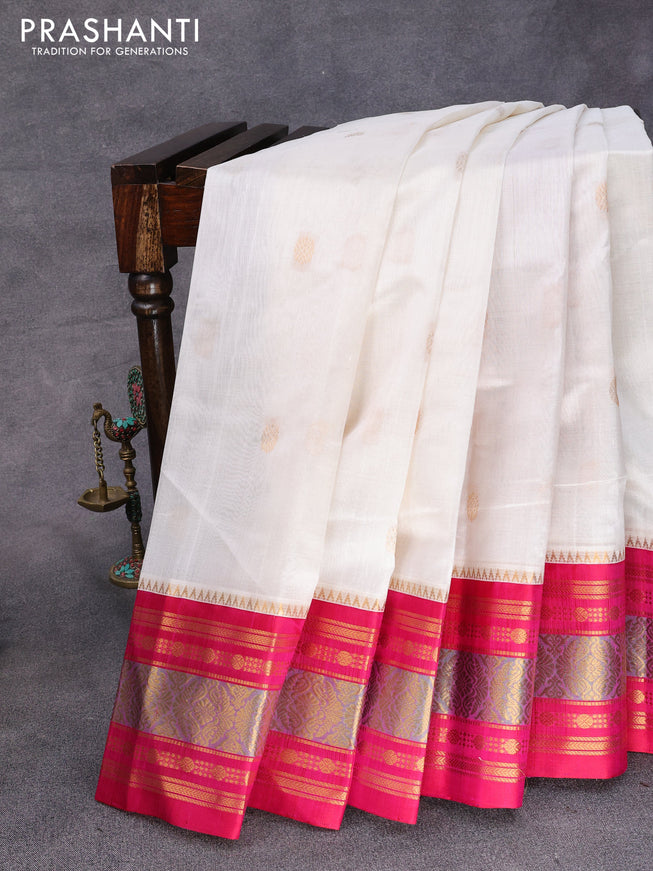 Kuppadam silk cotton saree off white and pink with zari woven buttas and rich zari woven border
