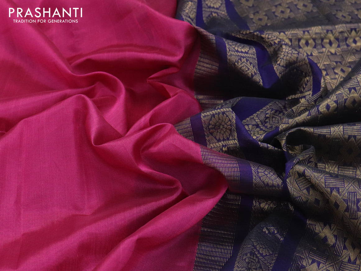 Kuppadam silk cotton saree magenta pink and navy blue with plain body and zari woven border