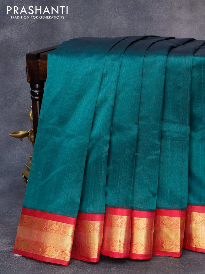 Kuppadam silk cotton saree peacock green and pink with plain body and zari woven border